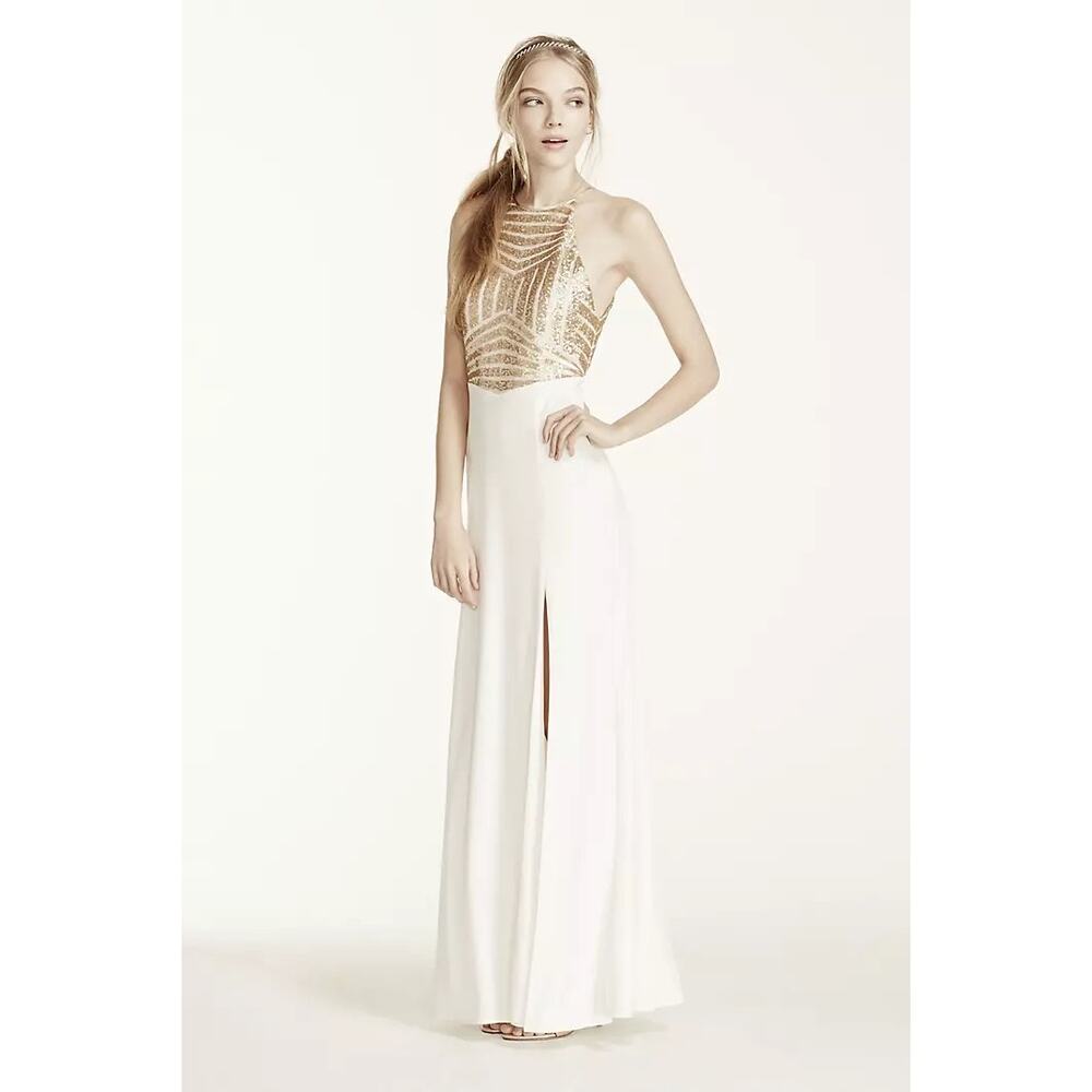 Masquerade Sequin High Neck Halter Prom Dress with Side Slit Size 9 NWTAI